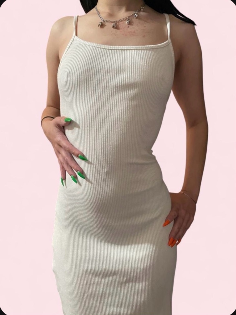 Ribbed Knit Spaghetti Strap Dress in Cream